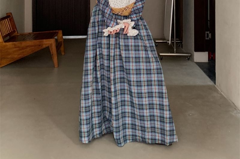 Long-Sleeve Off-Shoulder Plaid Dotted Panel Ruched Maxi A-Line Dress