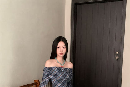 Long-Sleeve Off-Shoulder Plaid Dotted Panel Ruched Maxi A-Line Dress