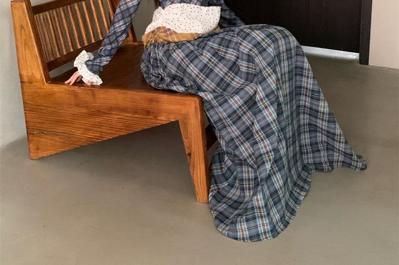 Long-Sleeve Off-Shoulder Plaid Dotted Panel Ruched Maxi A-Line Dress