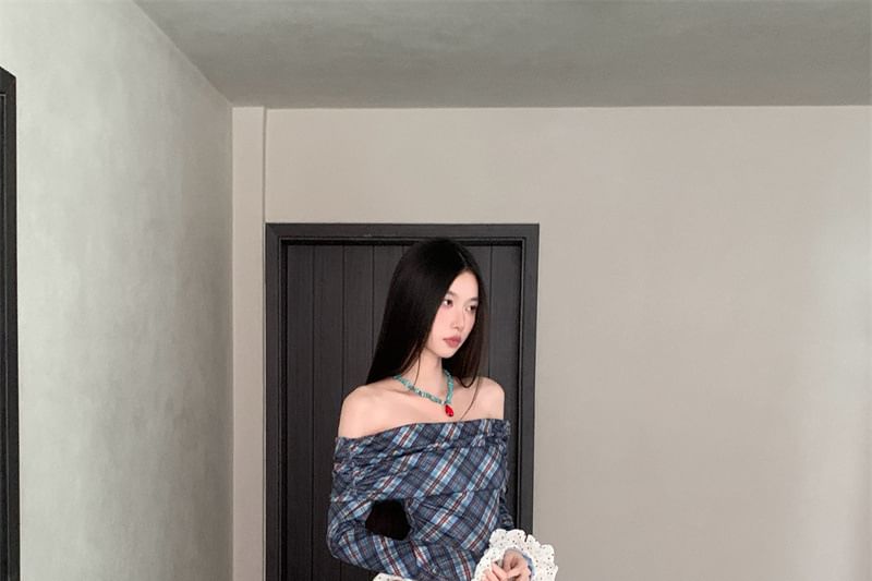 Long-Sleeve Off-Shoulder Plaid Dotted Panel Ruched Maxi A-Line Dress