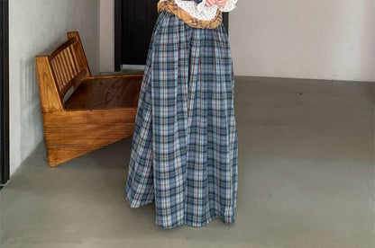 Long-Sleeve Off-Shoulder Plaid Dotted Panel Ruched Maxi A-Line Dress
