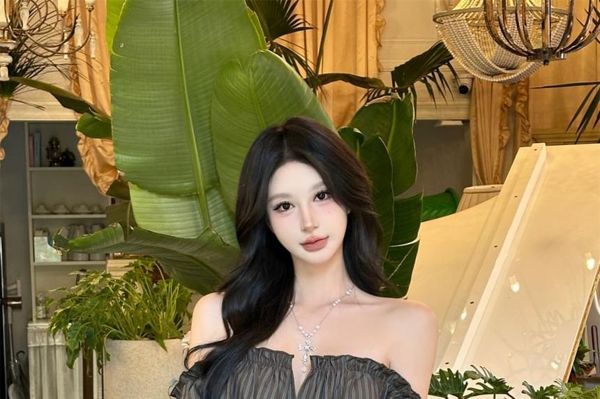 Striped Off-Shoulder Ruffle Crop Top with Long Sleeves