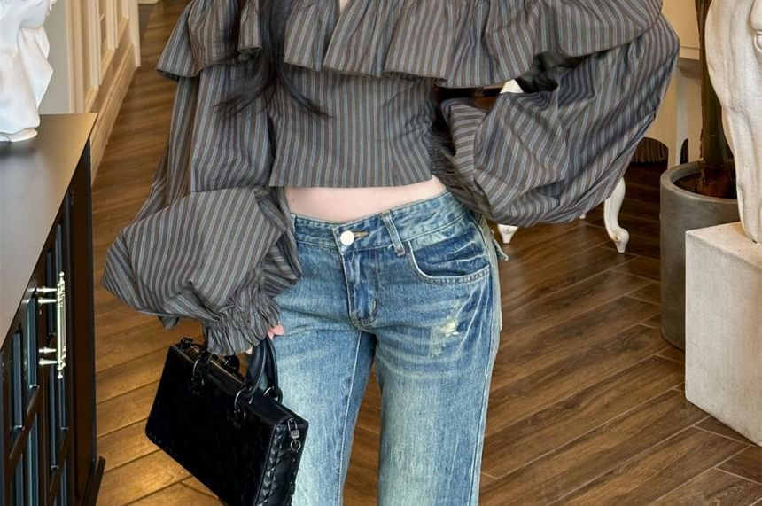 Striped Off-Shoulder Ruffle Crop Top with Long Sleeves
