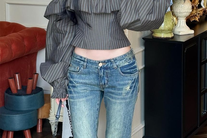 Striped Off-Shoulder Ruffle Crop Top with Long Sleeves