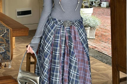Long-Sleeve Henley Plaid Panel Maxi A-Line Dress