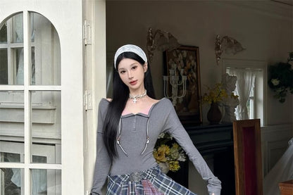 Long-Sleeve Henley Plaid Panel Maxi A-Line Dress