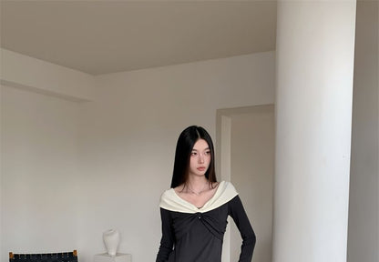 Ruched V-Neck Two-Tone Long-Sleeve T-Shirt