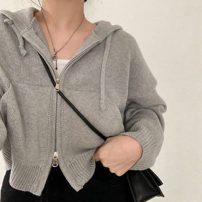 High Neck Plain Zip-Up Crop Cardigan