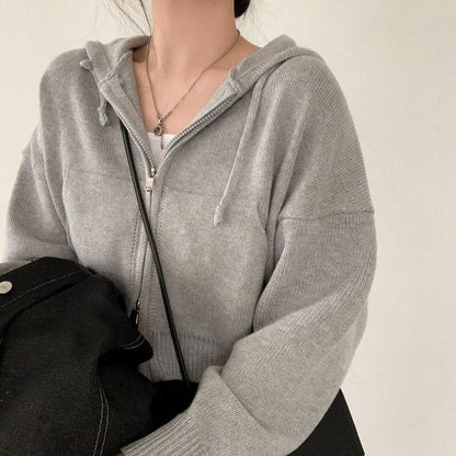 High Neck Plain Zip-Up Crop Cardigan
