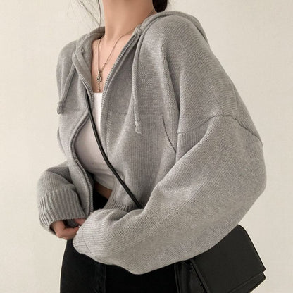 High Neck Plain Zip-Up Crop Cardigan