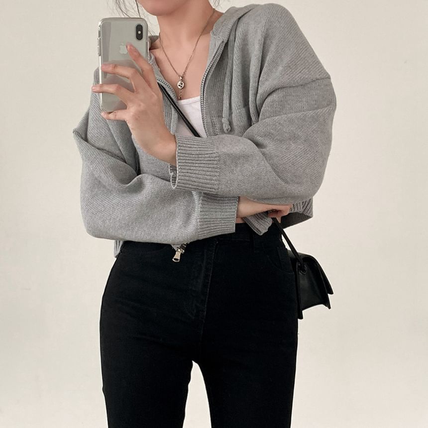 High Neck Plain Zip-Up Crop Cardigan