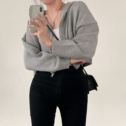 High Neck Plain Zip-Up Crop Cardigan