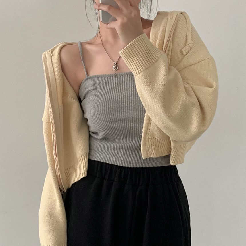 High Neck Plain Zip-Up Crop Cardigan