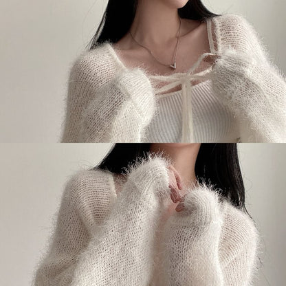 Faux Fur Open Front Plain Crop Cardigan