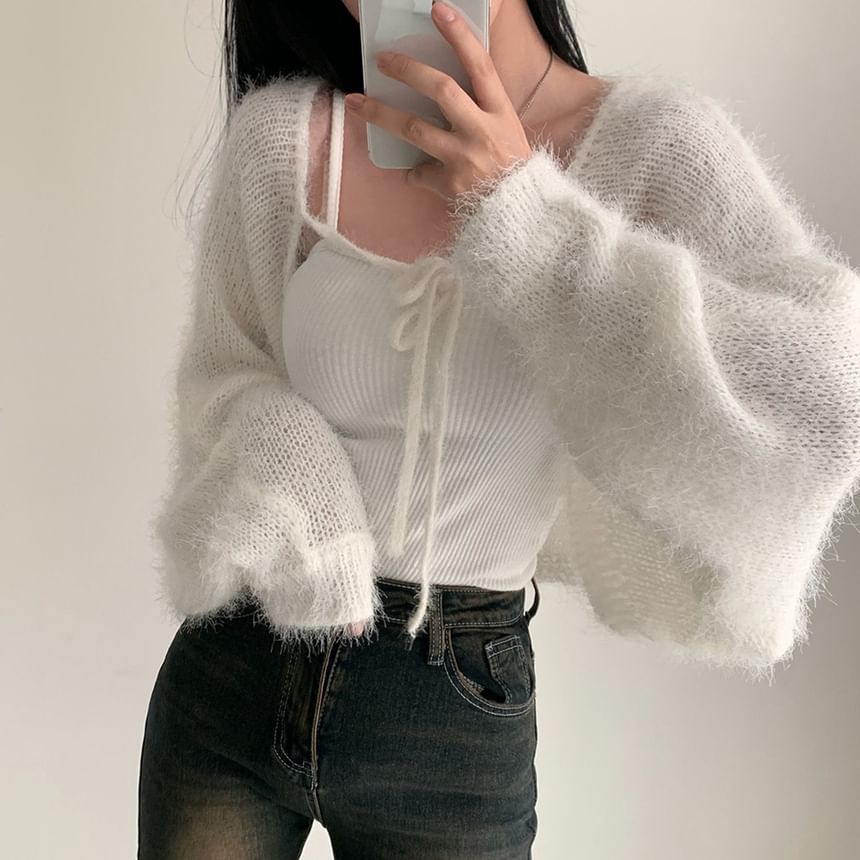 Faux Fur Open Front Plain Crop Cardigan