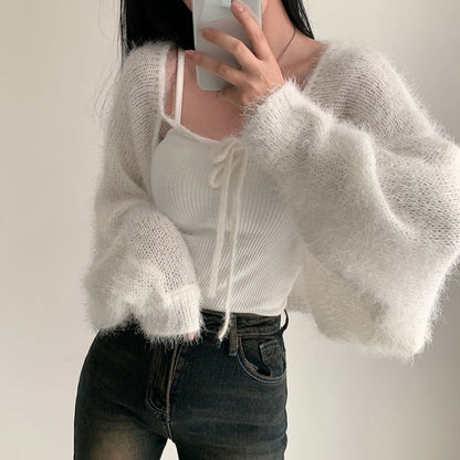 Faux Fur Open Front Plain Crop Cardigan