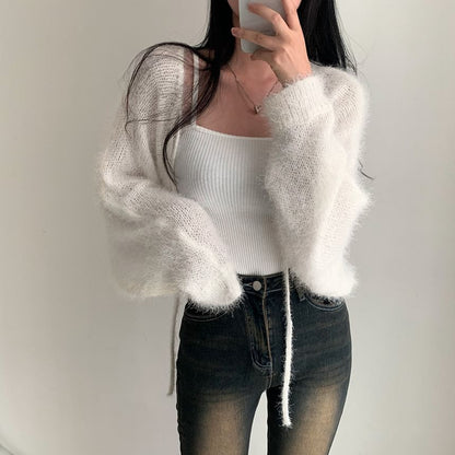 Faux Fur Open Front Plain Crop Cardigan