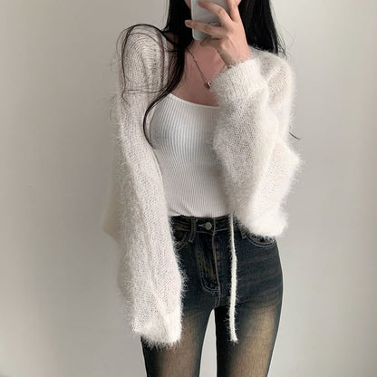 Faux Fur Open Front Plain Crop Cardigan