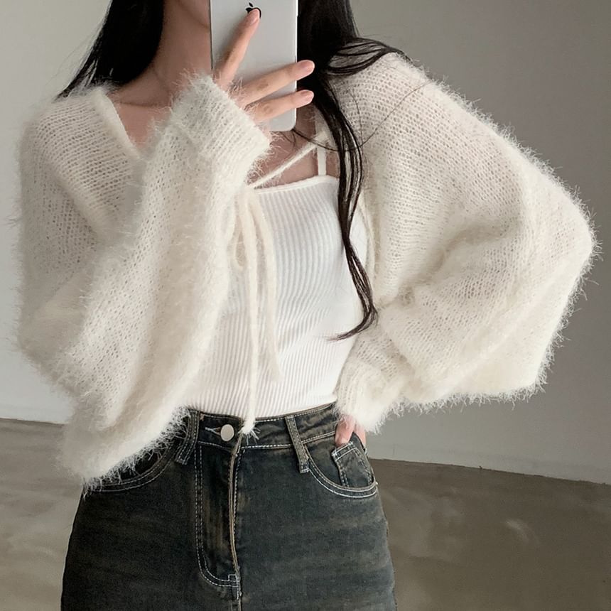 Faux Fur Open Front Plain Crop Cardigan