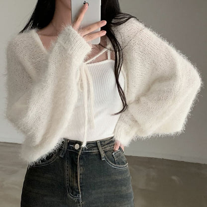 Faux Fur Open Front Plain Crop Cardigan