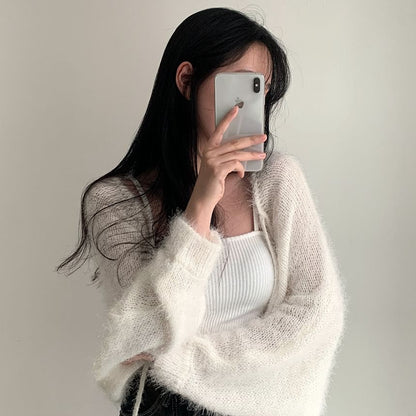 Faux Fur Open Front Plain Crop Cardigan