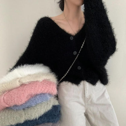V-Neck Faux Fur Button-Up Crop Cardigan