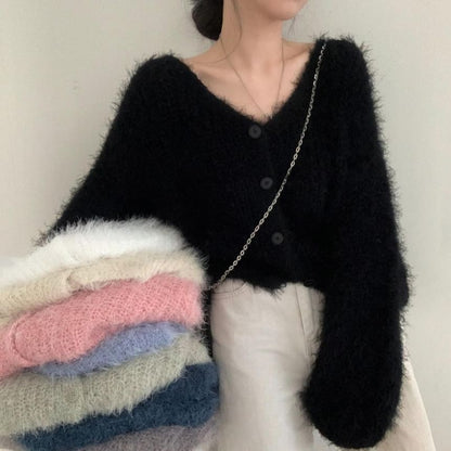 V-Neck Faux Fur Button-Up Crop Cardigan