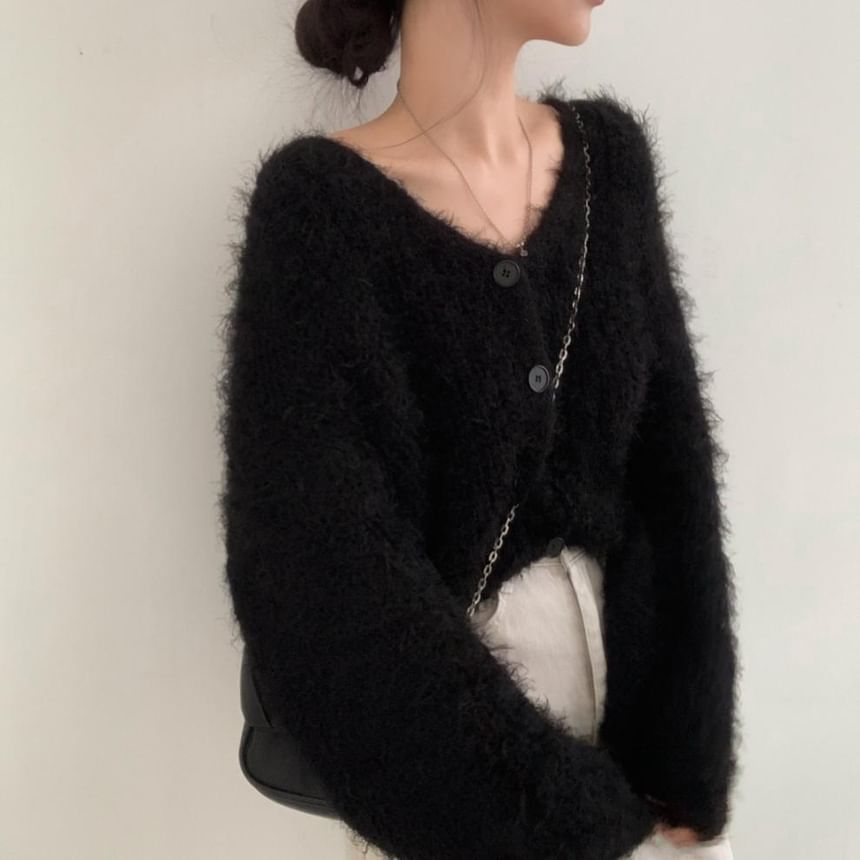 V-Neck Faux Fur Button-Up Crop Cardigan