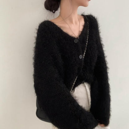 V-Neck Faux Fur Button-Up Crop Cardigan
