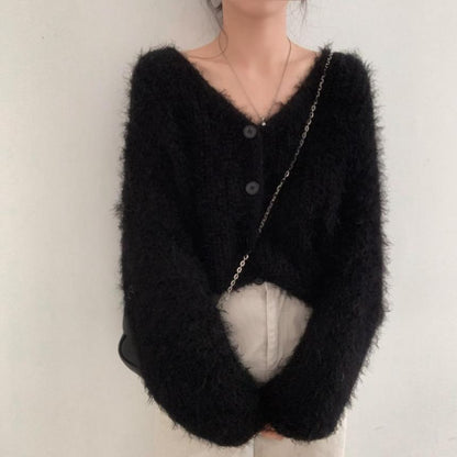 V-Neck Faux Fur Button-Up Crop Cardigan