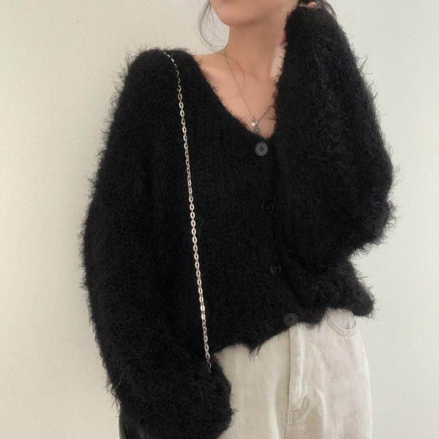 V-Neck Faux Fur Button-Up Crop Cardigan