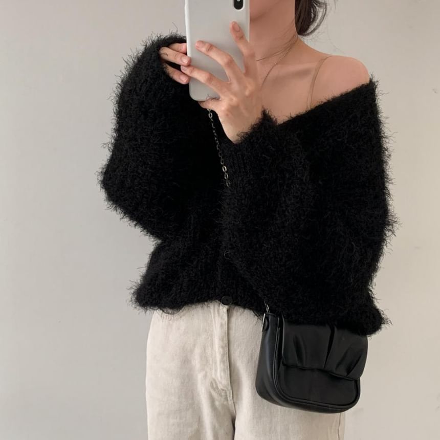 V-Neck Faux Fur Button-Up Crop Cardigan