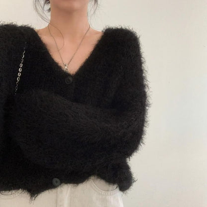 V-Neck Faux Fur Button-Up Crop Cardigan