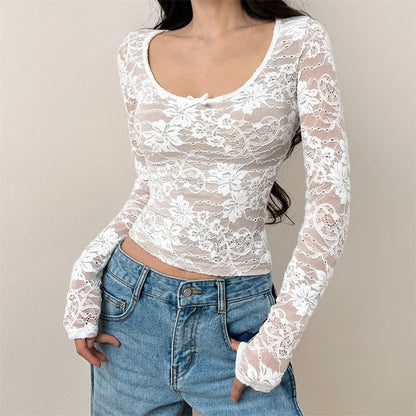 Lace Trim Scoop Neck Crop Top with Long Sleeves