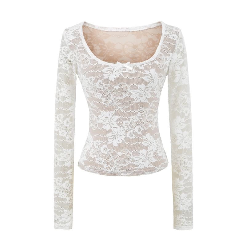 Lace Trim Scoop Neck Crop Top with Long Sleeves