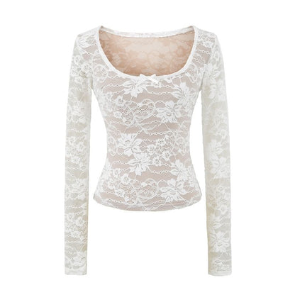 Lace Trim Scoop Neck Crop Top with Long Sleeves