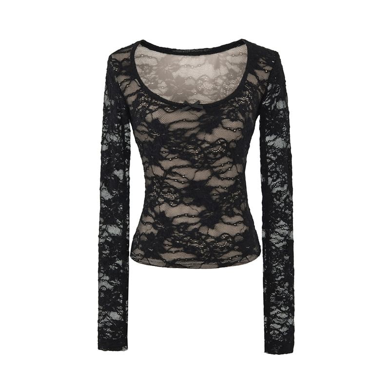 Lace Trim Scoop Neck Crop Top with Long Sleeves