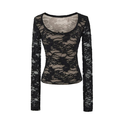 Lace Trim Scoop Neck Crop Top with Long Sleeves