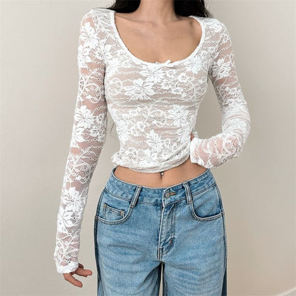 Lace Trim Scoop Neck Crop Top with Long Sleeves