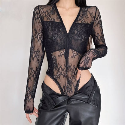 See-Through Lace Bodysuit with Half-Zip V-Neck