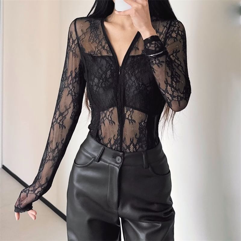 See-Through Lace Bodysuit with Half-Zip V-Neck