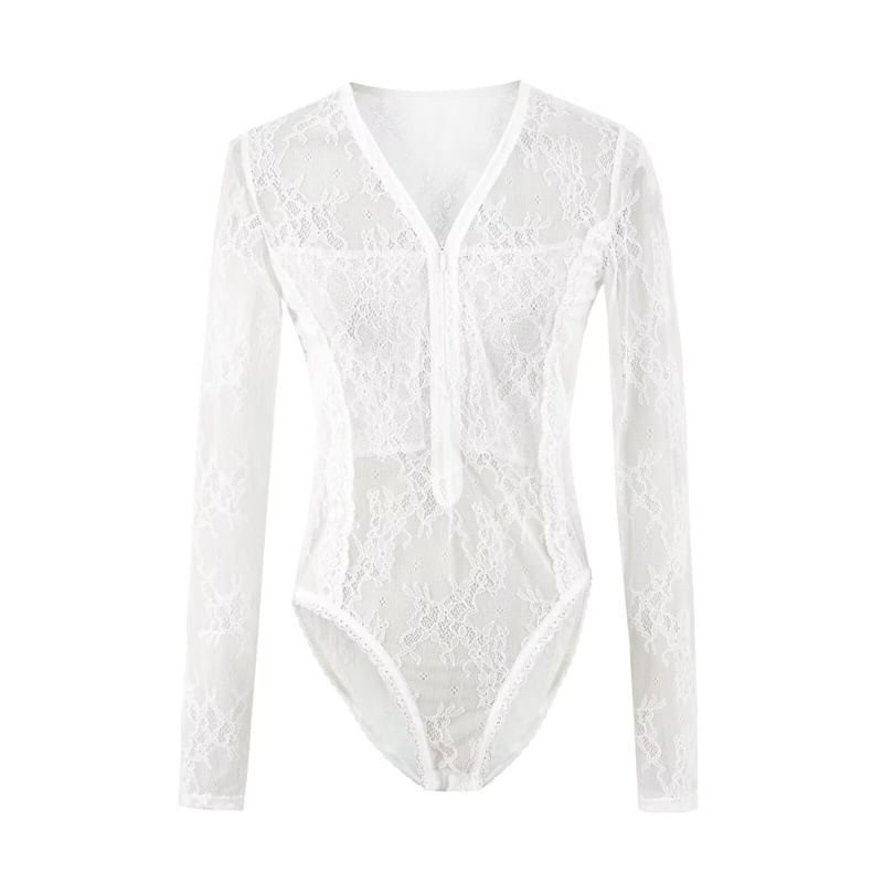 See-Through Lace Bodysuit with Half-Zip V-Neck