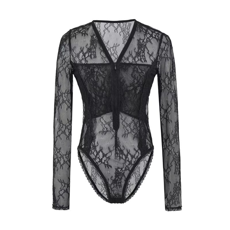 See-Through Lace Bodysuit with Half-Zip V-Neck