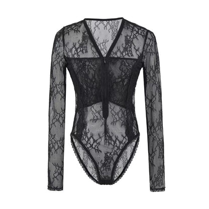 See-Through Lace Bodysuit with Half-Zip V-Neck