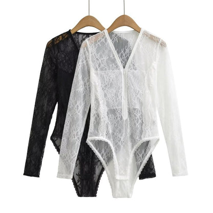 See-Through Lace Bodysuit with Half-Zip V-Neck