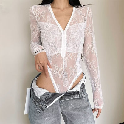 See-Through Lace Bodysuit with Half-Zip V-Neck