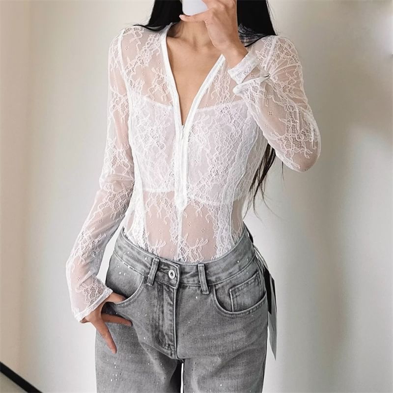 See-Through Lace Bodysuit with Half-Zip V-Neck
