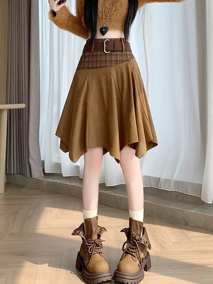 Faux Suede A-Line Skirt with Plaid Panels