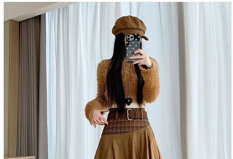 Faux Suede A-Line Skirt with Plaid Panels