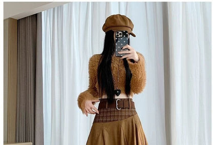 Faux Suede A-Line Skirt with Plaid Panels